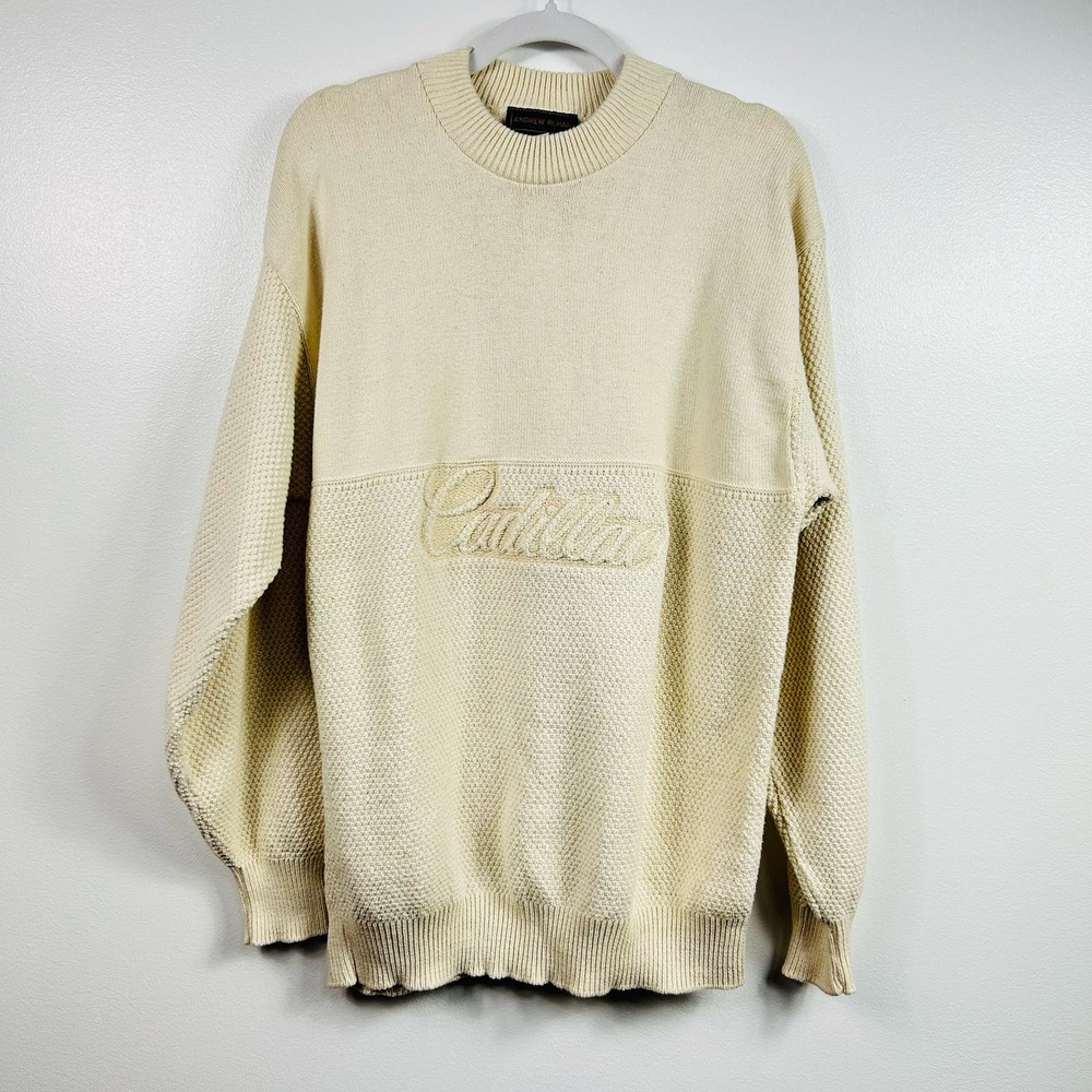 Vintage Cream Cadillac Crew Neck Sweater 100% Cotton Andrew Rohan Large